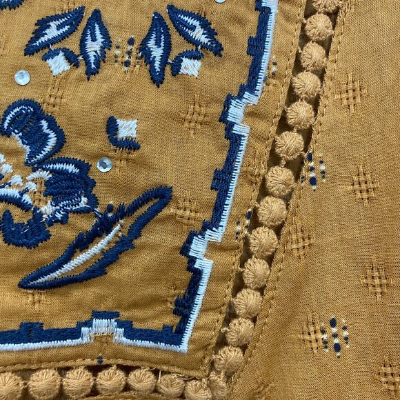 Dressbarn L Mustard Boho Embroidered Peasant Blouse Tassel - Picture 7 of 11